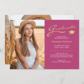 Modernes, elegantes Drehbuch Rosa & Gold | 2 Foto Ankündigung (Vorne/Hinten)