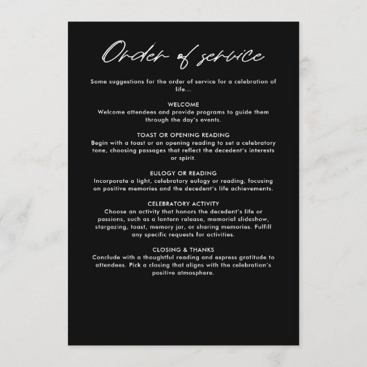 Modernes, elegantes Drehbuch zur Beerdigung des Ge Programm (Rückseite)