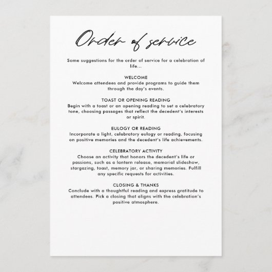 Modernes, elegantes Drehbuch zur Beerdigung des Ge Programm (Rückseite)