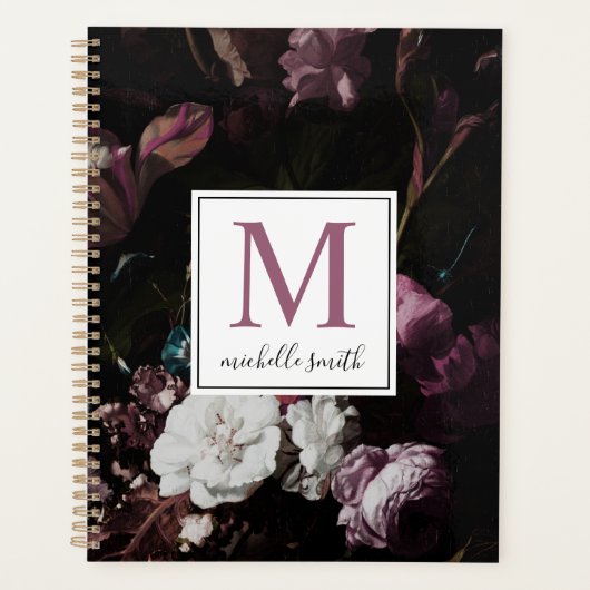 Modernes, elegantes dunkles Floral Monogram Script Planer (Vorderseite)