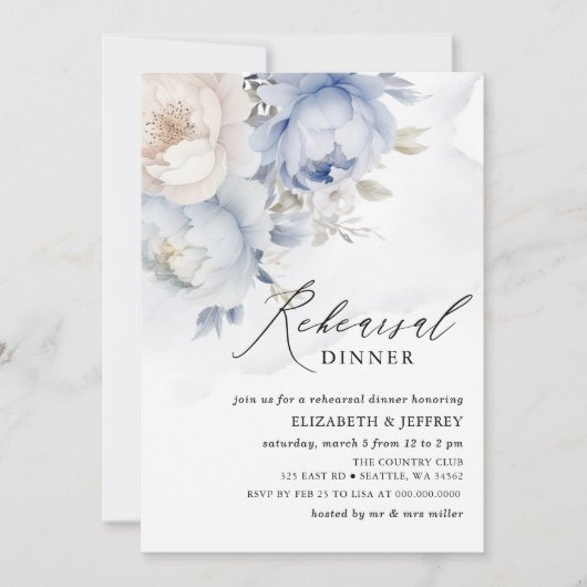 Modernes elegantes Dusty Blue Floral Probe Abendes Einladung (Vorderseite)