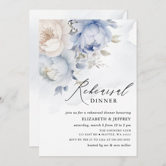 Modernes elegantes Dusty Blue Floral Probe Abendes Einladung (Vorne/Hinten)