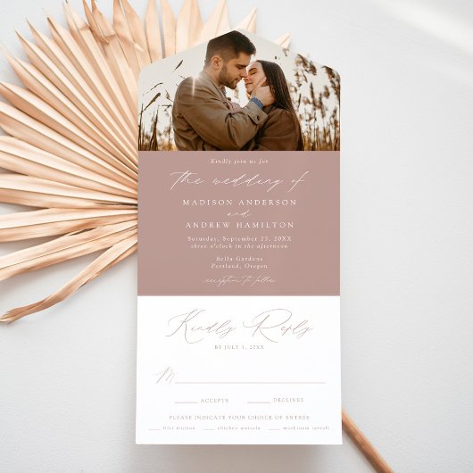 Modernes elegantes Dusty Rose Foto Wedding All In One Einladung