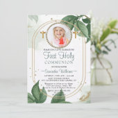 Modernes Elegantes Eukalyptus Foto Erste Kommune Einladung (Stehend Vorderseite)