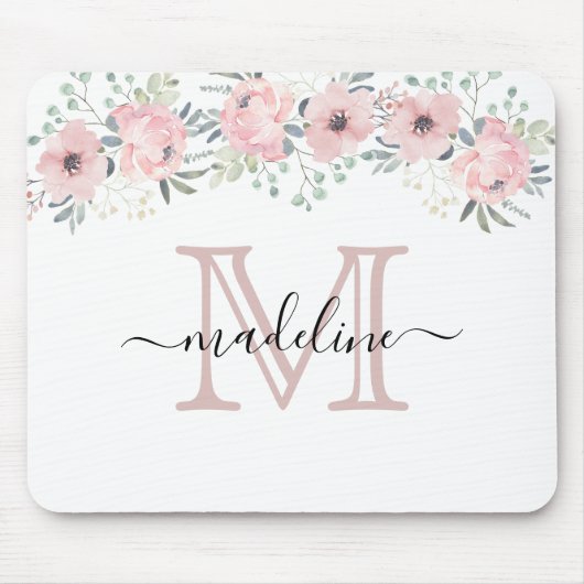 Modernes elegantes, florales Rosa Monogramm Mousepad (Vorne)