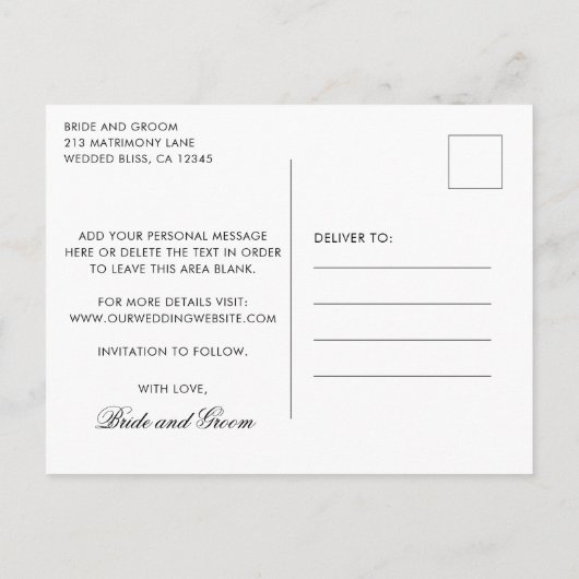 Modernes elegantes Foto Hochzeit rettet das Datum Ankündigungspostkarte (Rückseite)