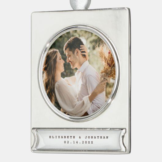Modernes, elegantes Foto mit Hochzeitskerbe Banner-Ornament Silber (Links)