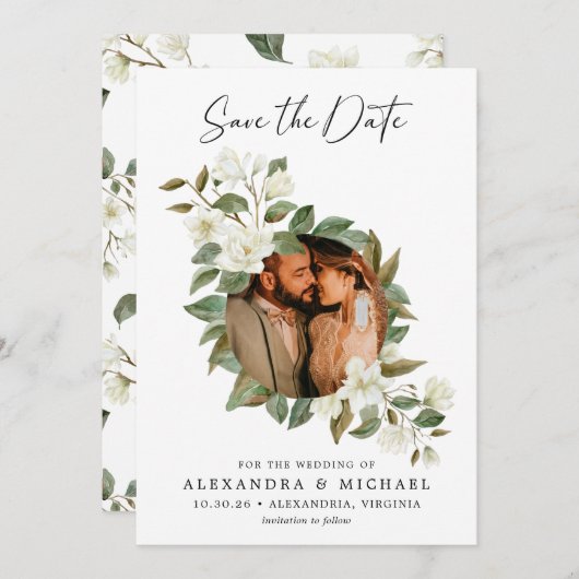 Modernes, elegantes Foto mit weißer Blume Save the Save The Date (Vorne/Hinten)