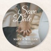 Modernes elegantes Foto Save the Date Elegante Hoc Runder Pappuntersetzer (Vorderseite)
