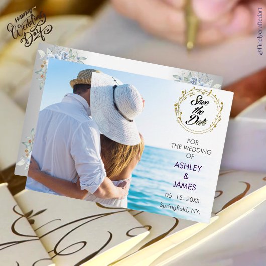 Modernes elegantes Foto Save the Date Gold Floral Einladung