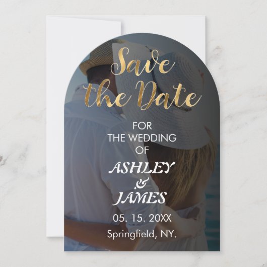 Modernes elegantes Foto Save the Date Gold Script Einladung (Vorderseite)