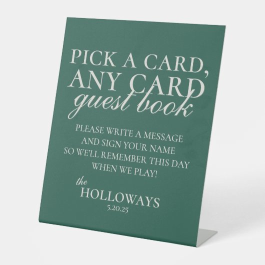 Modernes, elegantes Gästebuch mit Green Playing Ca Sockelschild (Vorderseite)
