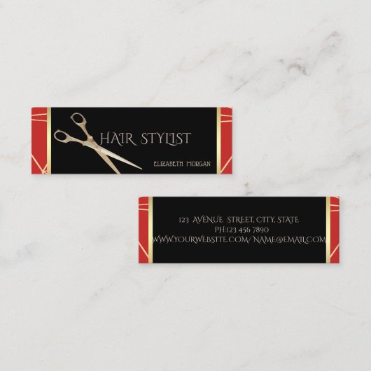 Modernes elegantes geometrisches Rot, Scheren Mini Visitenkarte (Vorne/Hinten)