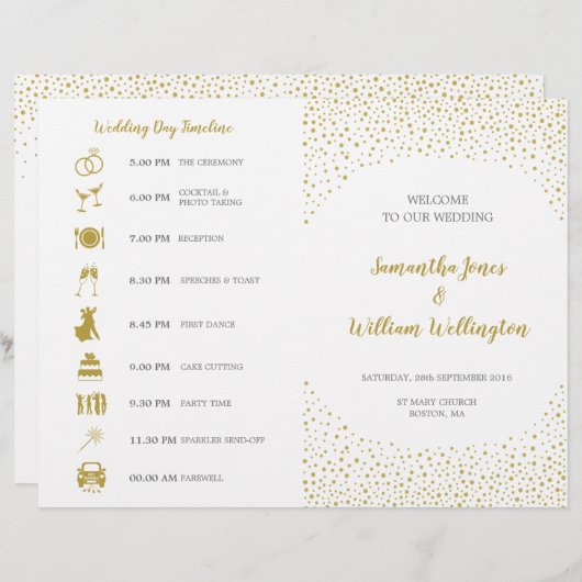 Modernes elegantes Gold Confetti Wedding Programm (Vorne/Hinten)