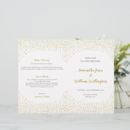 Modernes elegantes Gold Confetti Wedding Programm (Stehend Vorderseite)