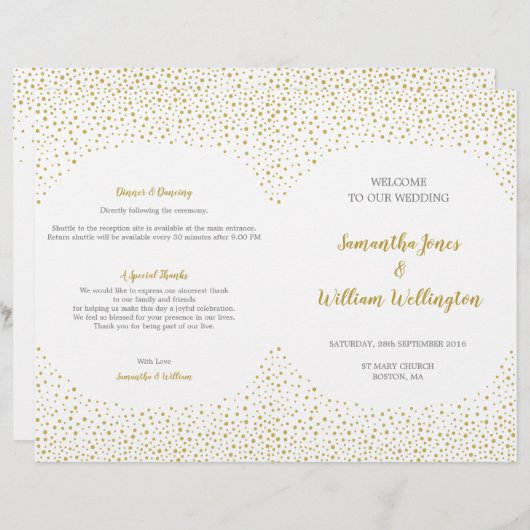 Modernes elegantes Gold Confetti Wedding Programm (Vorne/Hinten)