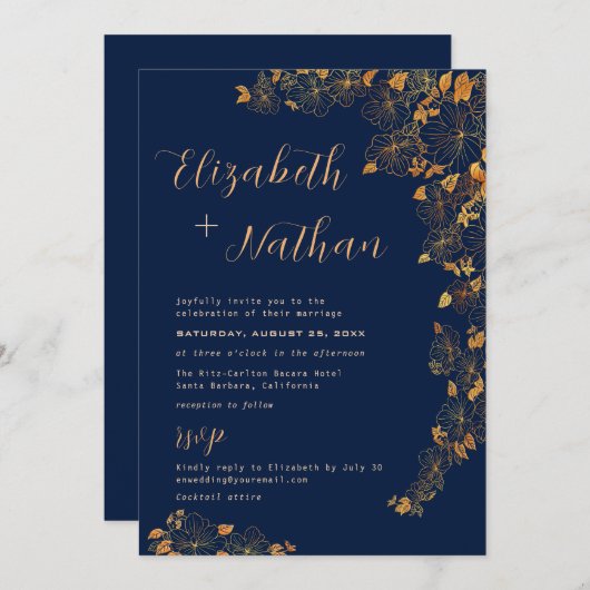 Modernes elegantes goldenes Blumenzitat Einladung (Vorne/Hinten)