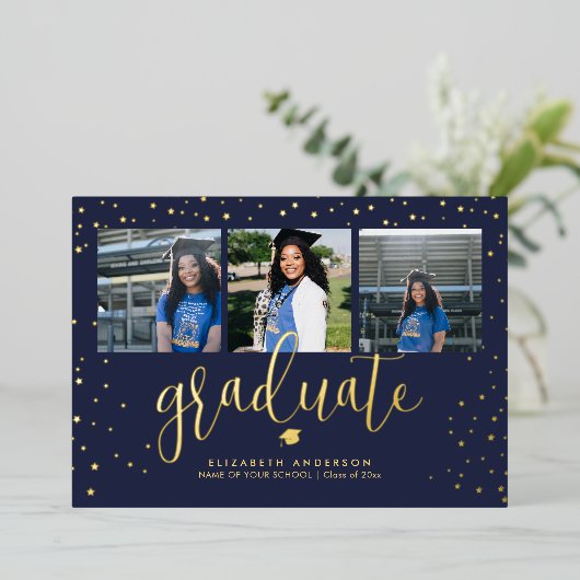 Modernes, elegantes Graduate 3 Abschluss Folieneinladung (Stehend vorne)