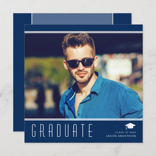 Modernes Elegantes Graduate Stilvolles Foto Blau & Ankündigung (Vorne/Hinten)