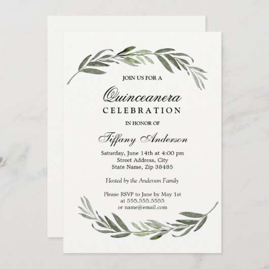 Modernes elegantes grünes Leaf Quinceanera laden e Einladung (Vorne/Hinten)