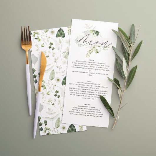 Modernes, elegantes Hochzeitsmenü mit botanischen  Menükarte