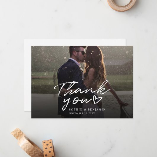 Modernes elegantes Hochzeitsskript Foto Vielen Dan Mitteilungskarte (Vorderseite/Rückseite Beispiel)