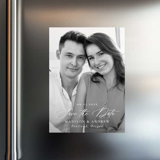Modernes elegantes Kalligrafie-Foto Save the Date Magneteinladung
