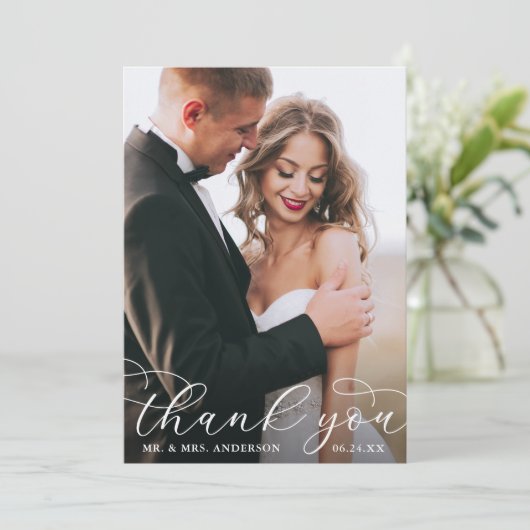 Modernes elegantes kalligrafisches Hochzeitssemble Dankeskarte (Stehend Vorderseite)