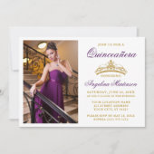 Modernes elegantes Lila Foto der Goldkrone Quincea Einladung (Vorderseite)