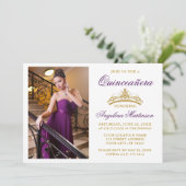 Modernes elegantes Lila Foto der Goldkrone Quincea Einladung (Stehend Vorderseite)