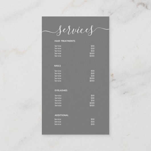 Modernes elegantes Menü mit einem schlichten graue Visitenkarte (Rückseite)