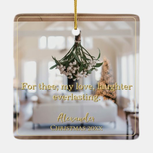 Modernes elegantes Minimal-Script-Zitat Mistletoe Keramikornament (Rückseite)