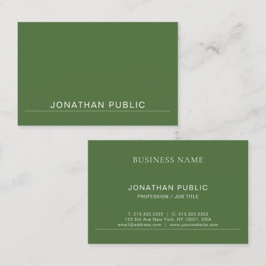 Modernes, elegantes Minimalistisches Design Grün T Visitenkarte (Vorne/Hinten)