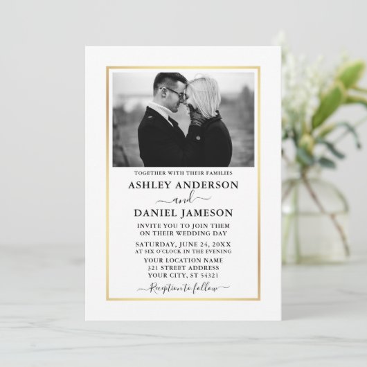 Modernes, elegantes Minimalistisches Foto BW Weddi Einladung (Stehend Vorderseite)