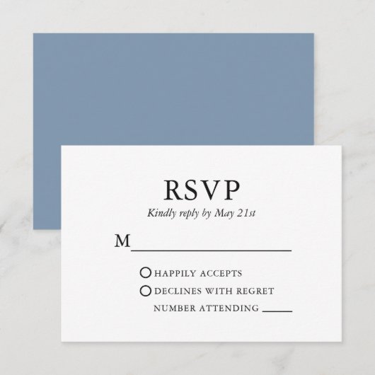 Modernes, elegantes Minimalistisches Wedding Dusty RSVP Karte (Vorne/Hinten)