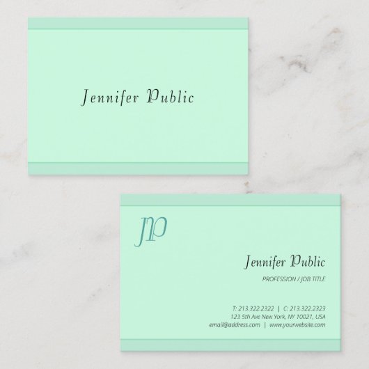 Modernes, elegantes Mint Green Script Monogram Visitenkarte (Vorne/Hinten)
