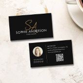 Modernes, elegantes Monogram Foto QR Black Gold Visitenkarte