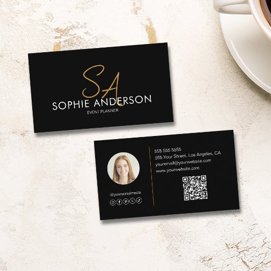 Modernes, elegantes Monogram Foto QR Black Gold Visitenkarte
