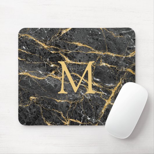 Modernes, elegantes Monogramm aus schwarzem Marmor Mousepad (Mit Mouse)