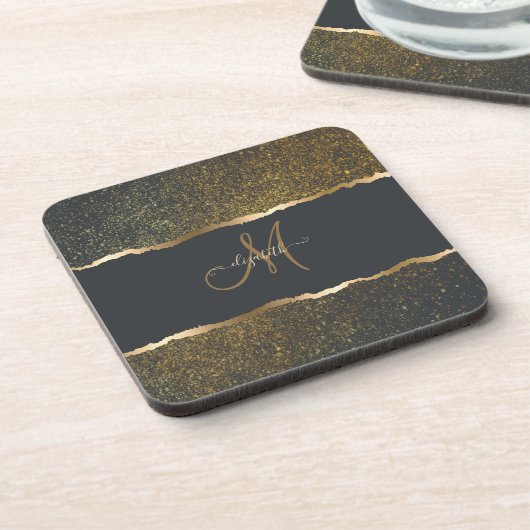 Modernes, elegantes Monogramm der Gold-Touch Getränkeuntersetzer (Linke Seite)