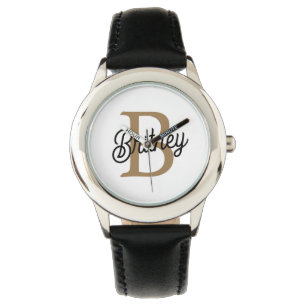 Modernes elegantes Monogramm Name Black Gold Scrip Armbanduhr