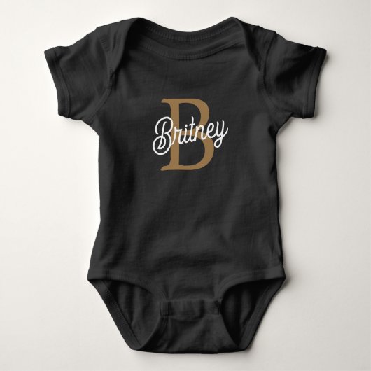 Modernes elegantes Monogramm Name Black Gold Scrip Baby Strampler (Vorderseite)