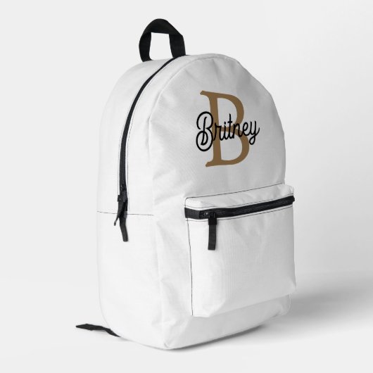 Modernes elegantes Monogramm Name Black Gold Scrip Bedruckter Rucksack (Rückseitige Ecke links)
