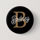 Modernes elegantes Monogramm Name Black Gold Scrip Button (Vorderseite)