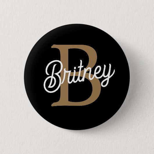 Modernes elegantes Monogramm Name Black Gold Scrip Button (Vorderseite)