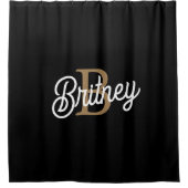 Modernes elegantes Monogramm Name Black Gold Scrip Duschvorhang (Vorderseite)