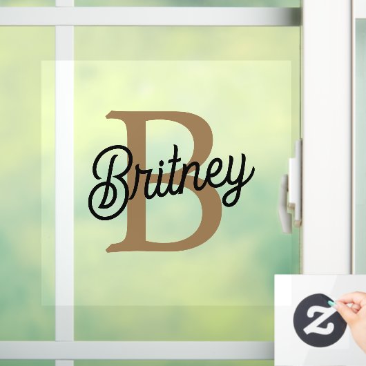 Modernes elegantes Monogramm Name Black Gold Scrip Fensteraufkleber (Zuhause)