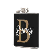 Modernes elegantes Monogramm Name Black Gold Scrip Flachmann (Links)
