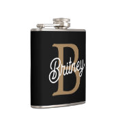 Modernes elegantes Monogramm Name Black Gold Scrip Flachmann (Rechts)