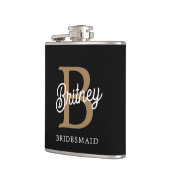 Modernes elegantes Monogramm Name Black Gold Scrip Flachmann (Links)